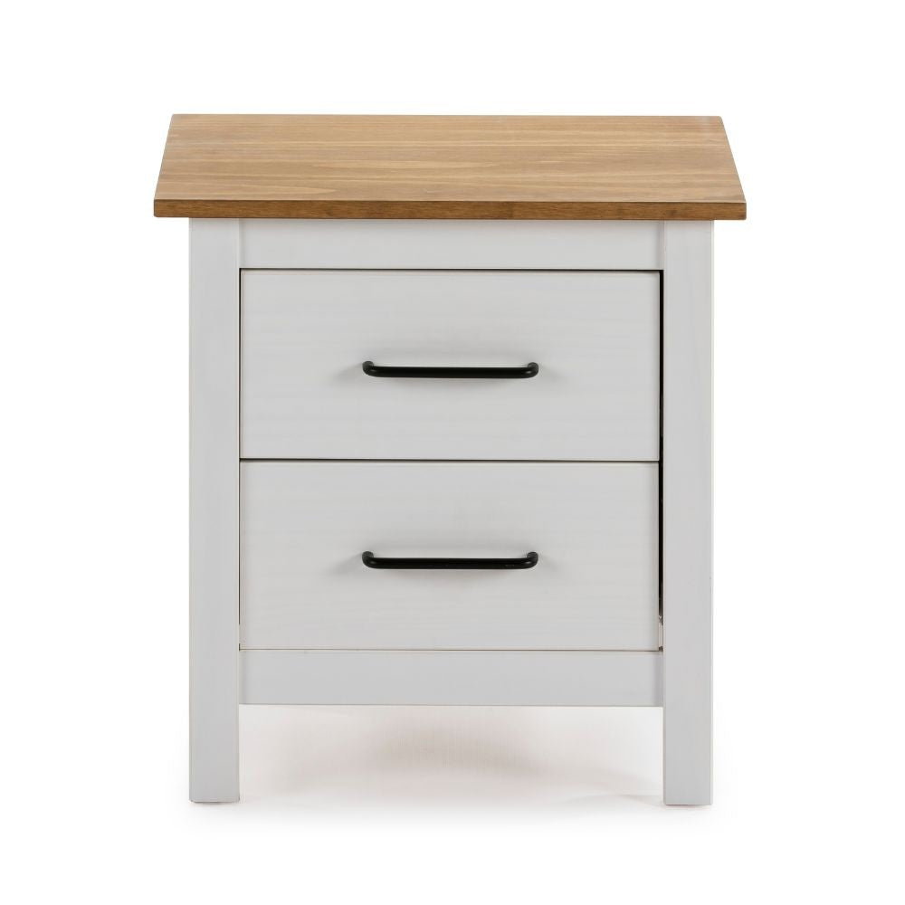 Comodino Miranda bianco con top pino e 2 cassetti in legno massiccio