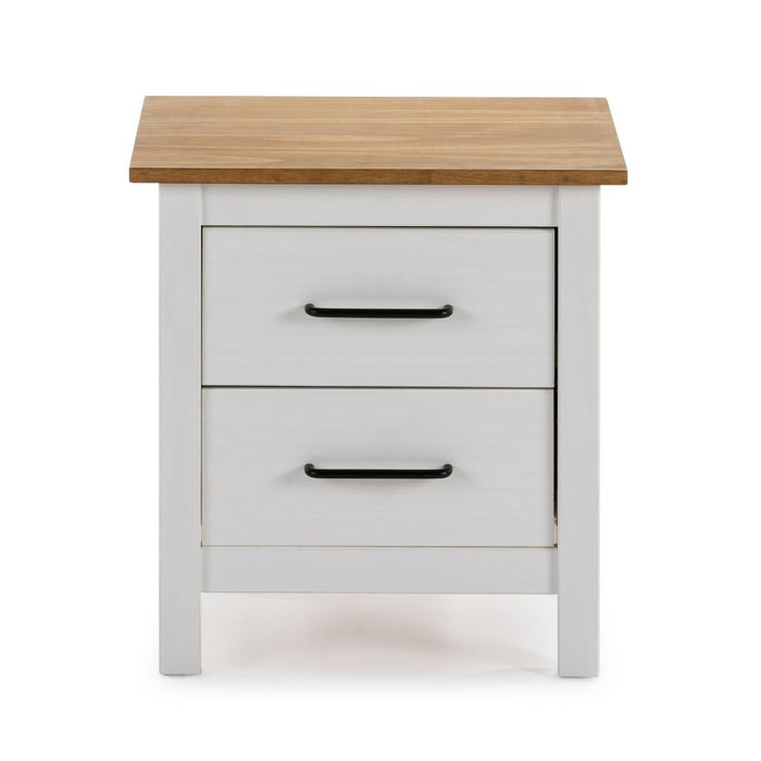 Comodino Miranda bianco con top pino e 2 cassetti in legno massiccio