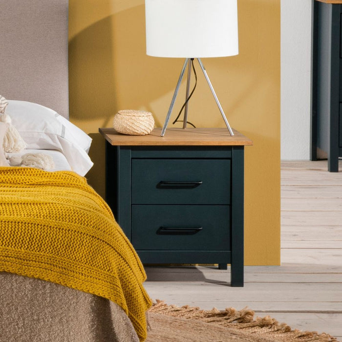 Comodino Miranda blu con top pino e 2 cassetti in legno massiccio