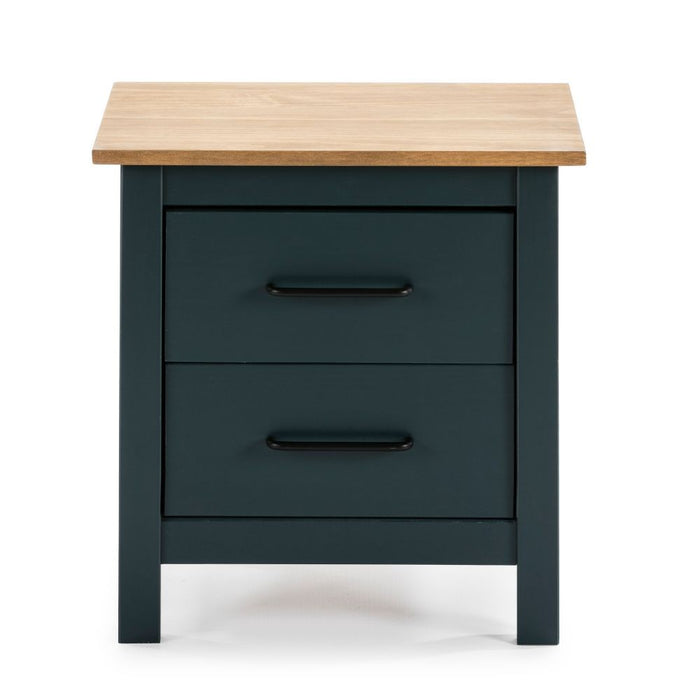 Comodino Miranda blu con top pino e 2 cassetti in legno massiccio