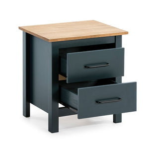Comodino Miranda blu con top pino e 2 cassetti in legno massiccio