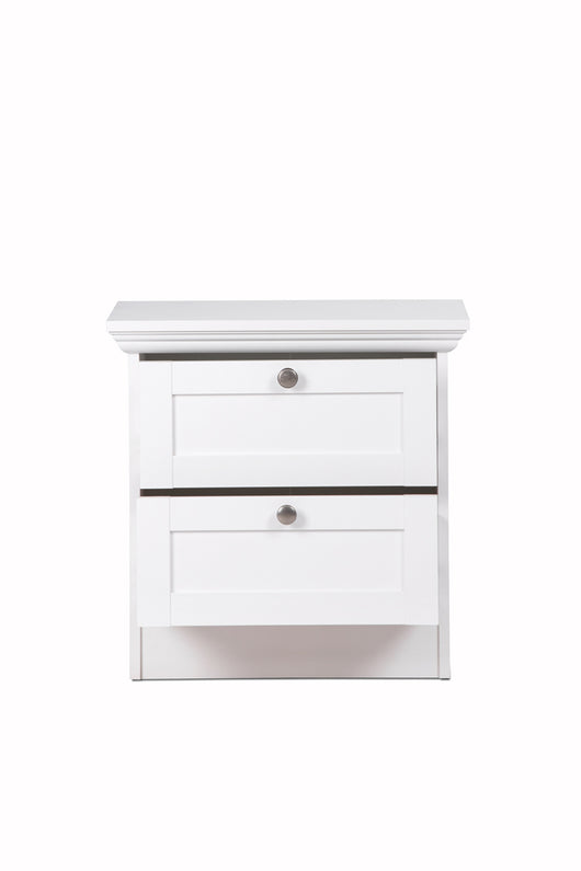 Comodino a 2 cassetti con maniglie in metallo, finitura Bianca, ZFRCMDLAND65