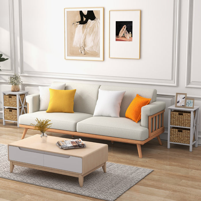 Set di 2 comodini a 3 piani-Tavolini laterali stretti con 2 cesti di giunc gambe in legno di acacia Bianco