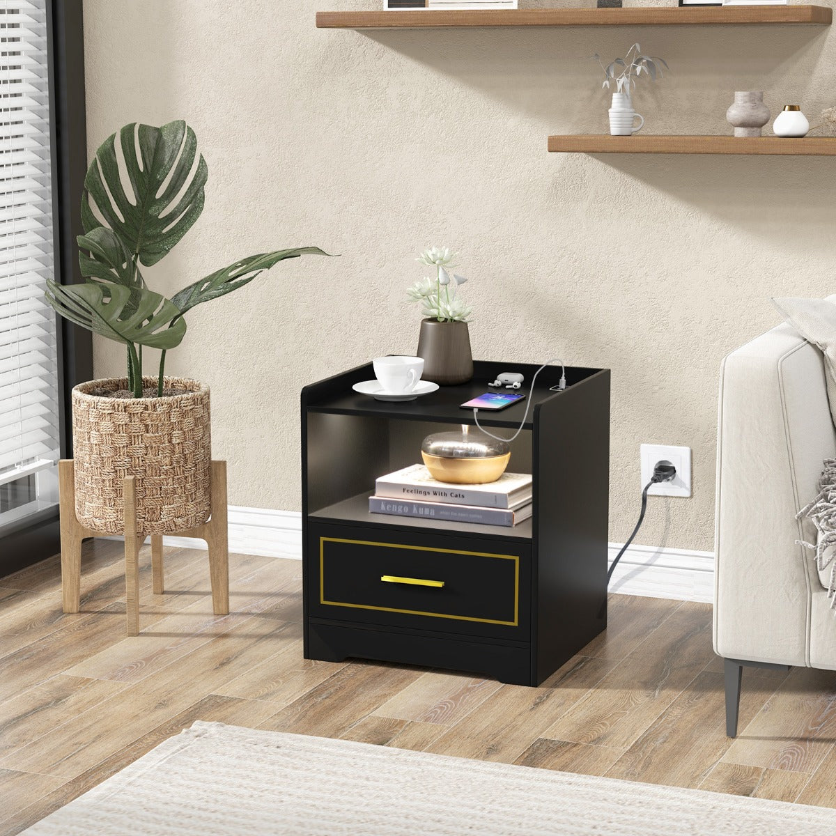 Comodino a LED con 2 porte USB ripiano aperto e cassetto, Tavolino vintage da divano Nero-Comodini