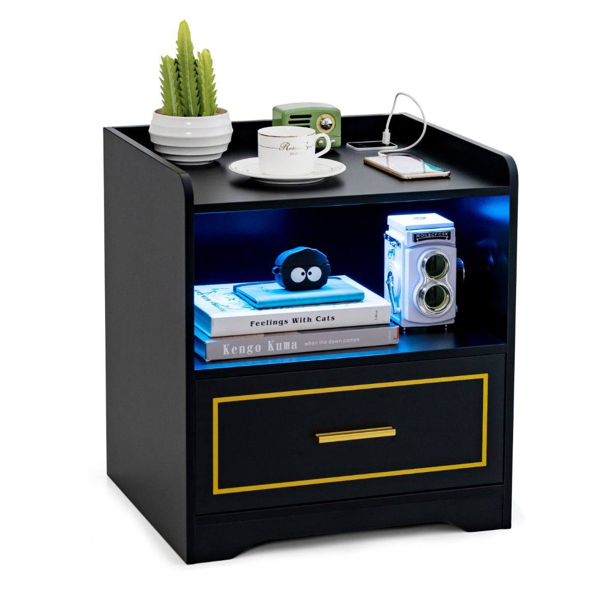 Comodino a LED con 2 porte USB ripiano aperto e cassetto, Tavolino vintage da divano Nero-Comodini