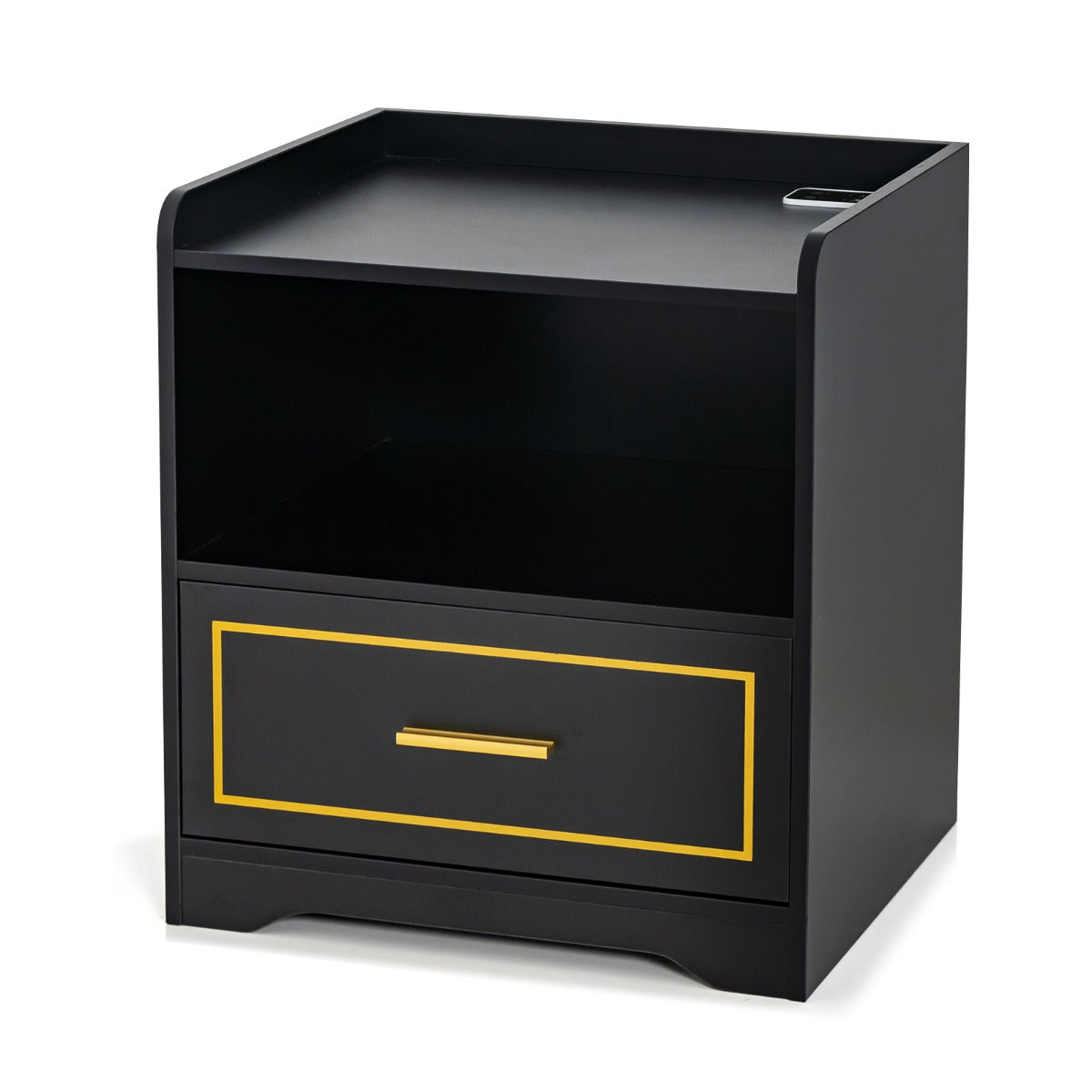 Comodino a LED con 2 porte USB ripiano aperto e cassetto, Tavolino vintage da divano Nero-Comodini