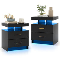 Comodino a LED con luce regolabile e telecomando 2 cassetti, Tavolino moderno per camera da letto soggiorno Nero-Comodini