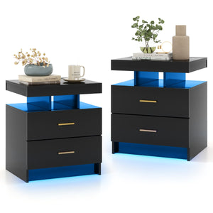 Comodino a LED con luce regolabile e telecomando 2 cassetti, Tavolino moderno per camera da letto soggiorno Nero-Comodini