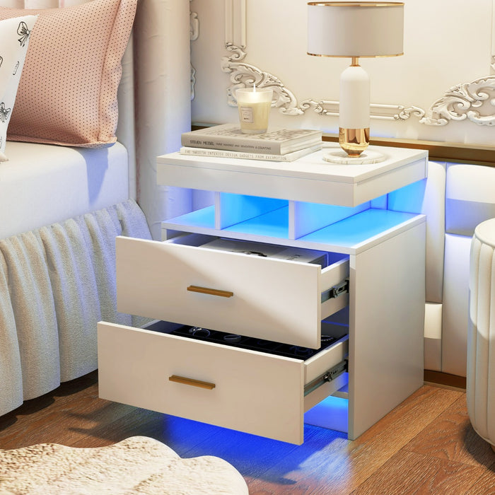 Comodino a LED con luce regolabile e telecomando 2 cassetti, Tavolino moderno per camera da letto soggiorno Bianco-Comodini