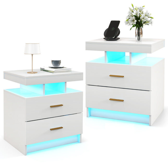Comodino a LED con luce regolabile e telecomando 2 cassetti, Tavolino moderno per camera da letto soggiorno Bianco-Comodini