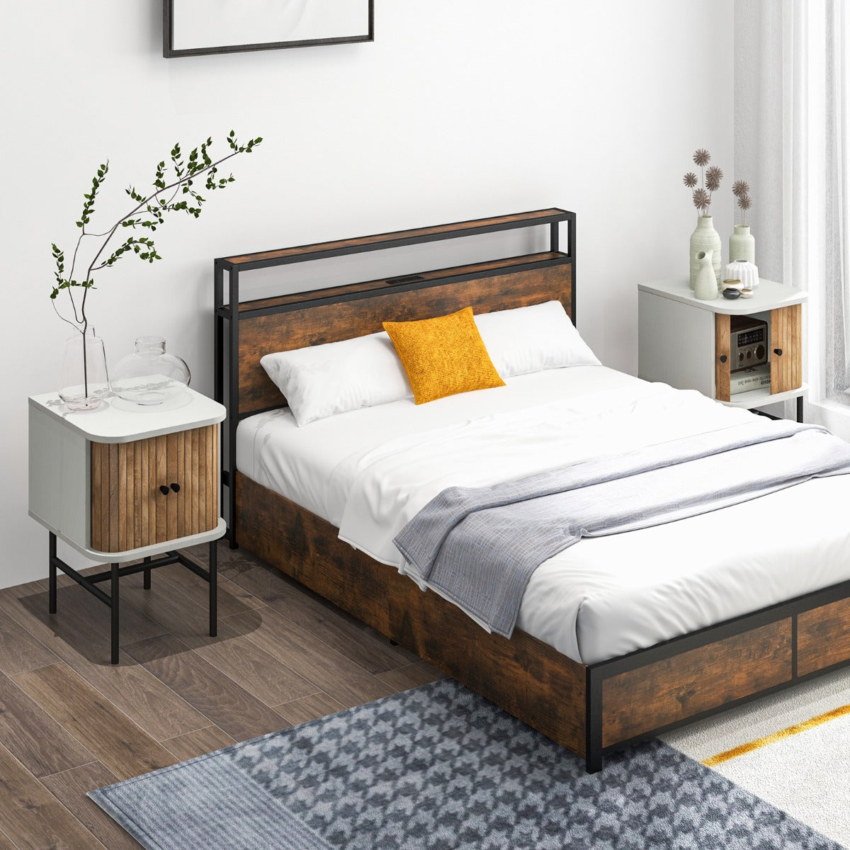 Comodino con ante scorrevoli scomparto chiuso gambe metalliche, Tavolino mid-centuryo laterale per soggiorno Bianco-Comodini