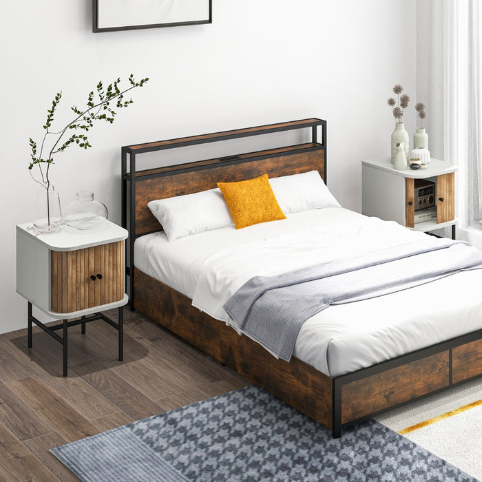 Comodino con ante scorrevoli scomparto chiuso gambe metalliche, Tavolino mid-centuryo laterale per soggiorno Bianco-Comodini