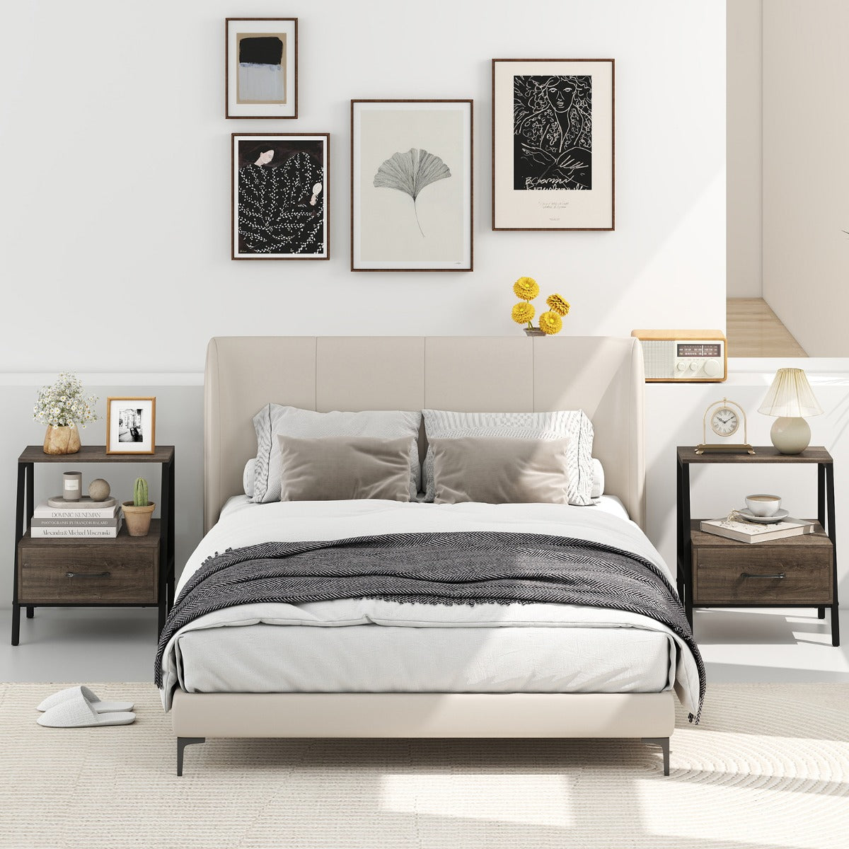 Tavolino a 3 livelli con ripiano aperto con telaio in metallo robusto spazi piccoli, Comodino con cassetto per soggiorno Grigio-Comodini