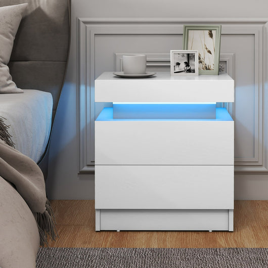 Comodino con luci a LED 2 cassetti, Tavolino da divano moderno con finitura lucida effetto marmo 45x35x52cm Bianco-Comodini