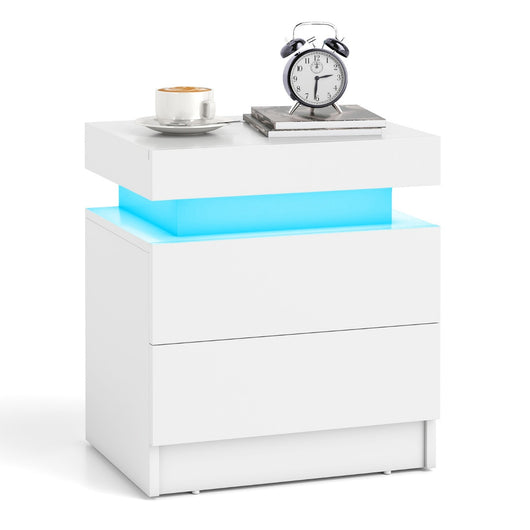 Comodino con luci a LED 2 cassetti, Tavolino da divano moderno con finitura lucida effetto marmo 45x35x52cm Bianco-Comodini