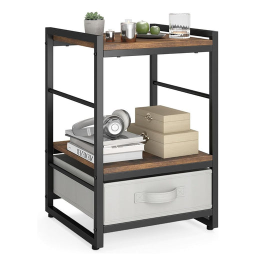 Comodino con mensola aperta cassetto in tessuto struttura in metallo, Tavolino industriale da comodino da 40cm Marrone-Comodini