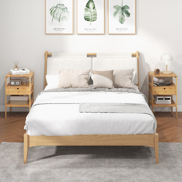 Set di 2 comodini multiuso in bamb¨´ con cassetto portaoggetti e scaffale a doghe, Tavolini moderno a 3 livelli Naturale-Comodini