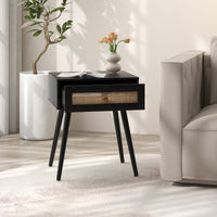Comodino in rattan con spazio di stoccaggio, Comodino con cassetto e gambe in legno massello Nero-Comodini