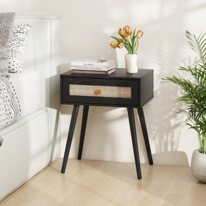 Comodino in rattan con spazio di stoccaggio, Comodino con cassetto e gambe in legno massello Nero-Comodini