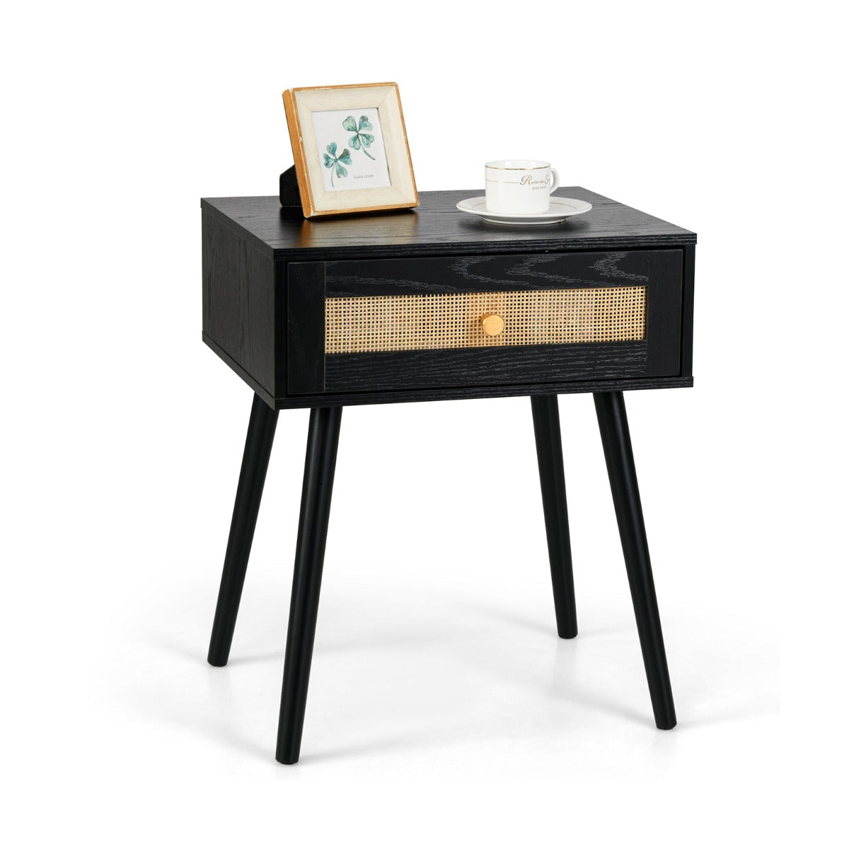 Comodino in rattan con spazio di stoccaggio, Comodino con cassetto e gambe in legno massello Nero-Comodini