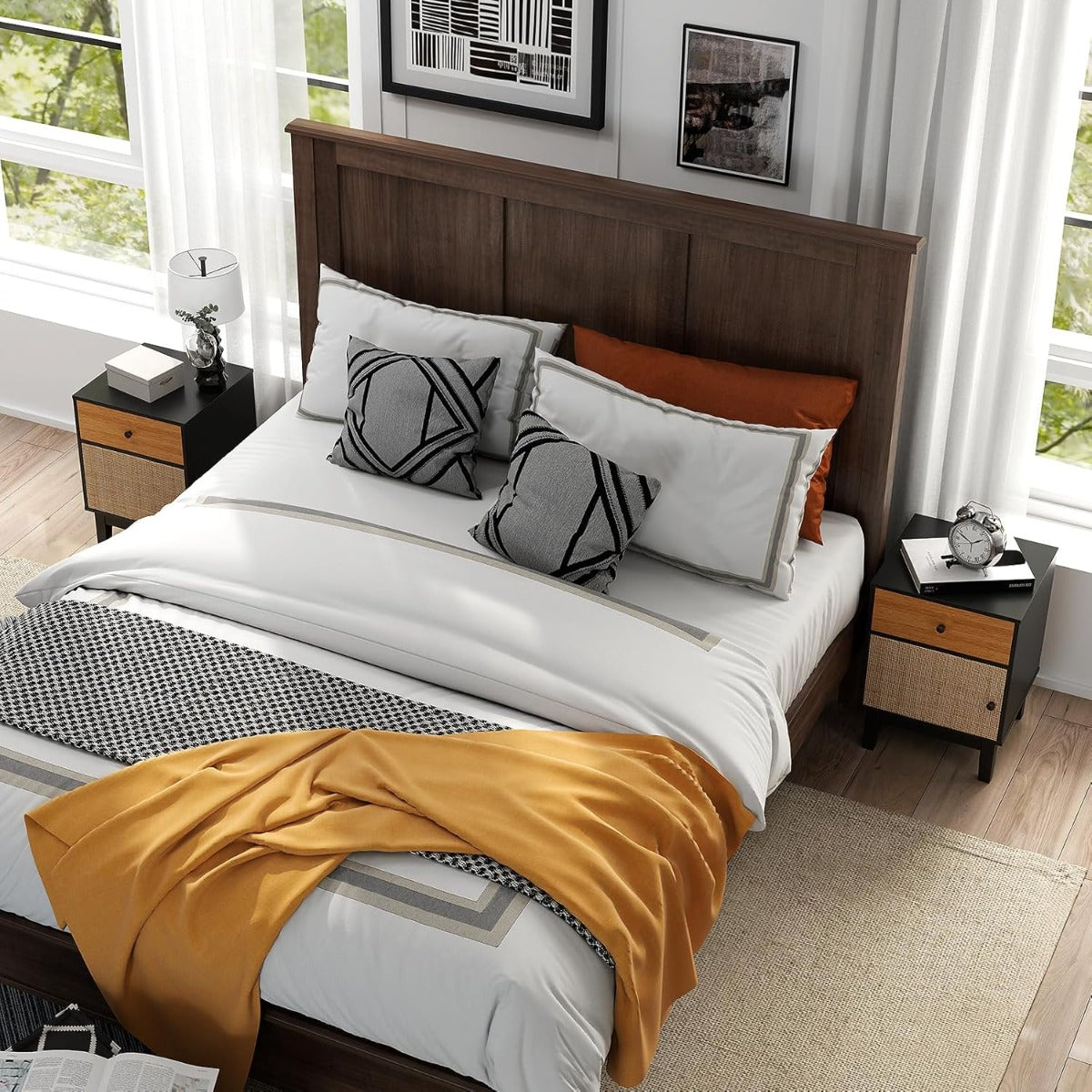 Comodino in rattan stile medievale con cassetto e armadietto, Tavolino boho con gambe in legno Nero + Marrone-Comodini