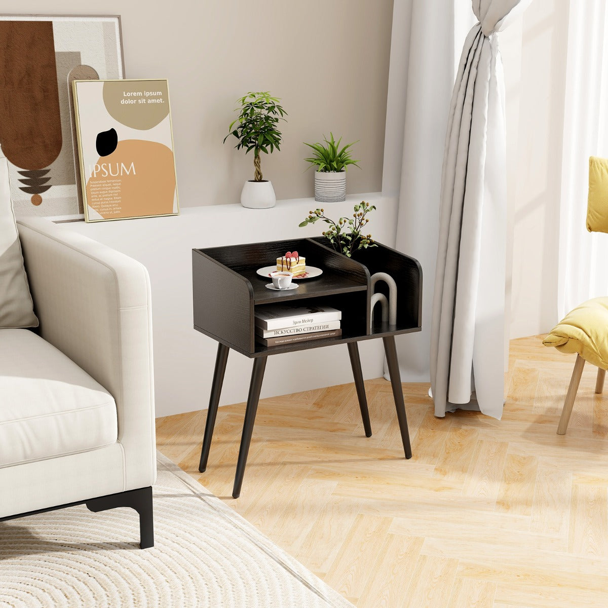 Comodino in stile moderno semplice ma pratico-Tavolino a 2 piani con mensole aperte Nero