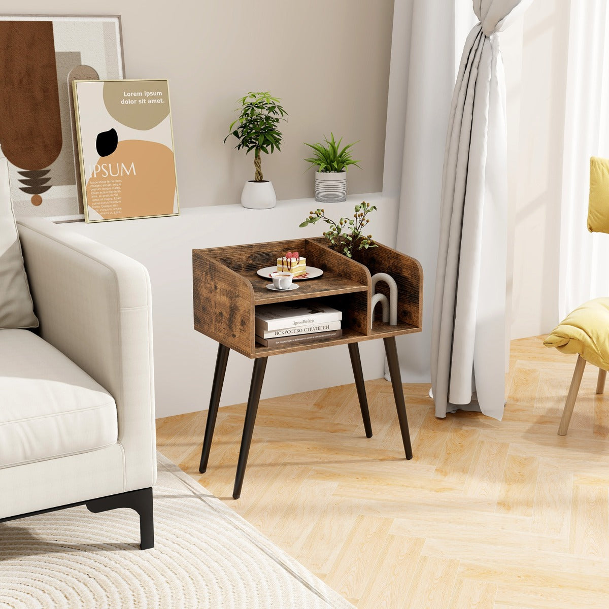 Comodino in stile moderno semplice ma pratico-Tavolino a 2 piani con mensole aperte Marrone rustico + Nero