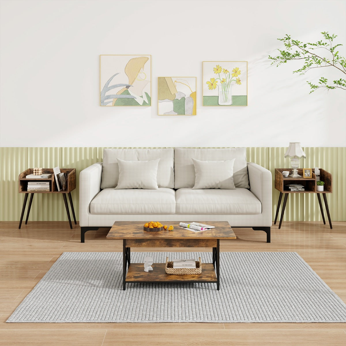 Set di 2 Comodini in stile moderno semplice ma pratico-Tavolini a 2 piani con mensole aperte Marrone rustico + Nero