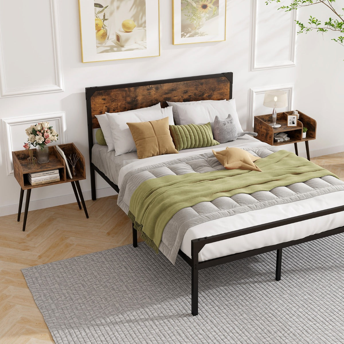 Set di 2 Comodini in stile moderno semplice ma pratico-Tavolini a 2 piani con mensole aperte Marrone rustico + Nero