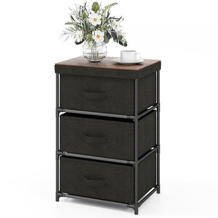 Comodino in tessuto con 3 cassetti e struttura robusta in metallo, Cassettiera a 3 livelli salvaspazio Nero-Comodini