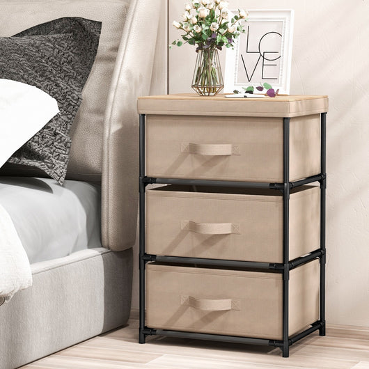 Comodino in tessuto con 3 cassetti e struttura robusta in metallo, Cassettiera a 3 livelli salvaspazio Marrone-Comodini