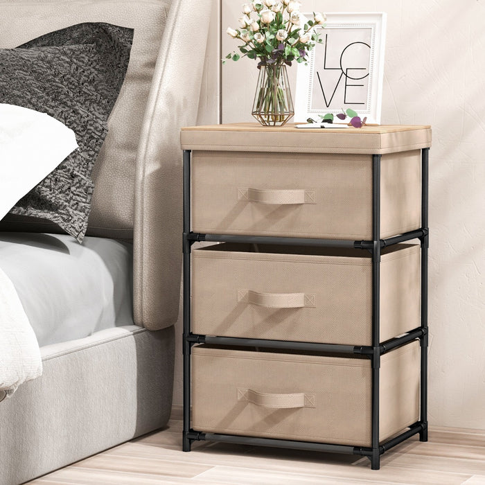 Comodino in tessuto con 3 cassetti e struttura robusta in metallo, Cassettiera a 3 livelli salvaspazio Marrone-Comodini