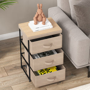 Comodino in tessuto con 3 cassetti e struttura robusta in metallo, Cassettiera a 3 livelli salvaspazio Marrone-Comodini