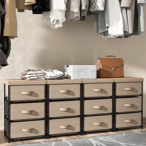 Comodino in tessuto con 3 cassetti e struttura robusta in metallo, Cassettiera a 3 livelli salvaspazio Marrone-Comodini