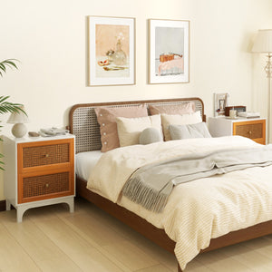 Comodino rattan con 2 cassetti decorati in rattan intrecciato a mano, Tavolino boho con gambe in legno massello Bianco-Comodini