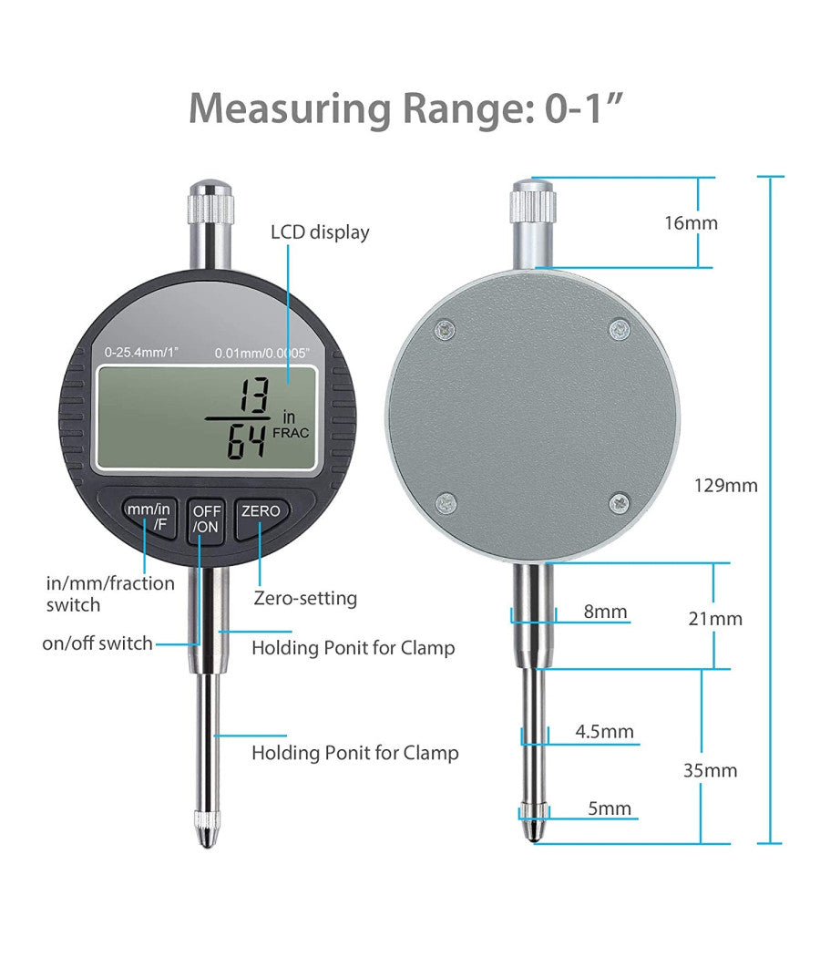 Comparatore Centesimale Digitale Con Display 0-25,4mm/0,5" Tornio  0,01mm/0,005"         