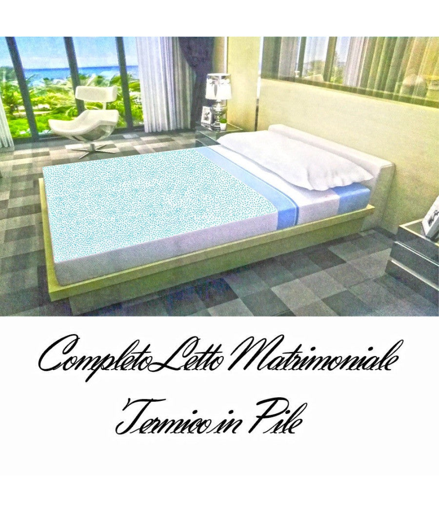 Completo Da Letto In Pile Lenzuolo Sopra E Sotto 2 Copricuscino Azzurro Pois         