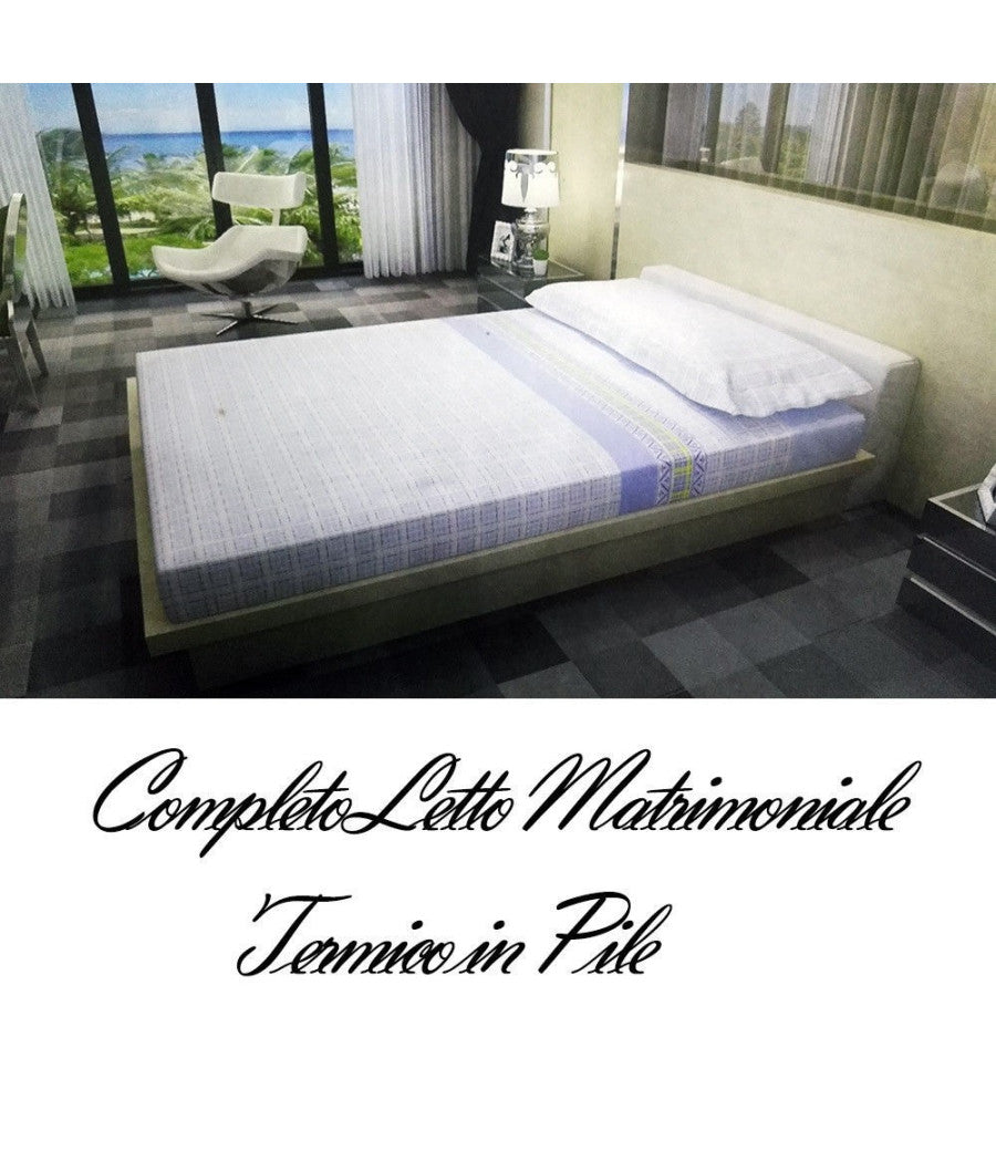 Completo Da Letto In Pile Lenzuolo Sopra E Sotto 2 Copricuscino Blu A Righe         
