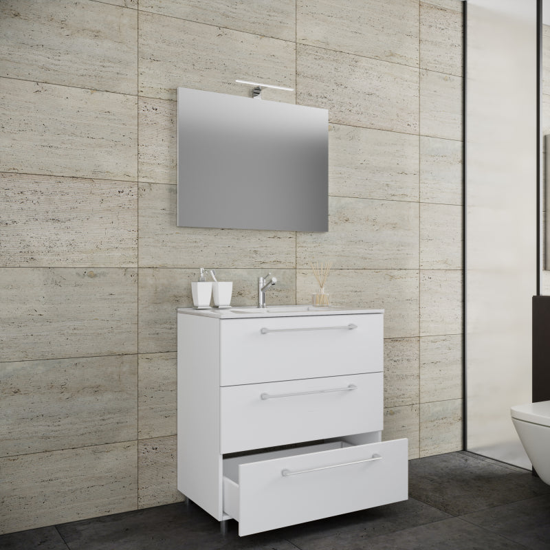 Completo di Ezooza Mobile a terra con 3 cassetti Extra Large con lavabo in ceramica di alta qualità e specchio, Bianco ,