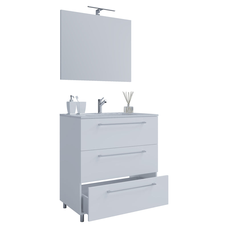 Completo di Ezooza Mobile a terra con 3 cassetti Extra Large con lavabo in ceramica di alta qualità e specchio, Bianco ,
