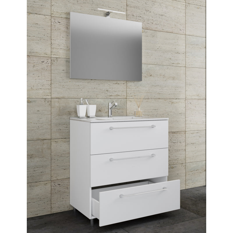 Completo di Ezooza Mobile a terra con 3 cassetti Extra Large con lavabo in ceramica di alta qualità e specchio, Bianco ,