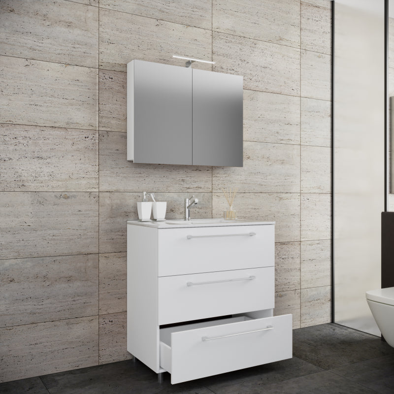 Completo di Ezooza Mobile a terra con 3 cassetti Large con lavabo in ceramica di alta qualità e mobile specchio, Bianco ,