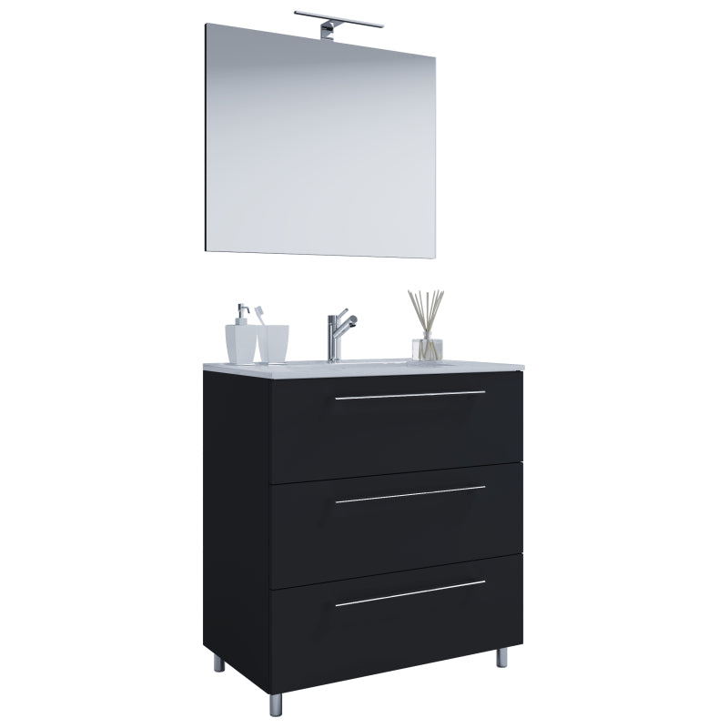 Completo di Ezooza Mobile a terra con 3 cassetti Large con lavabo in ceramica di alta qualità e specchio, Nero ,