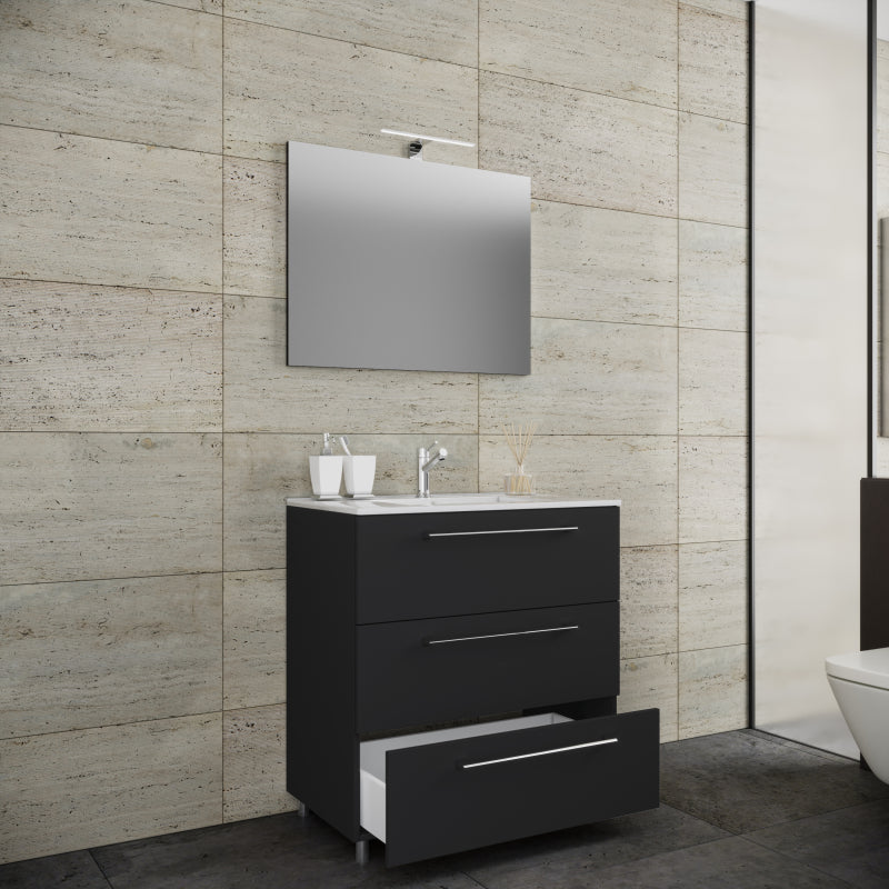 Completo di Ezooza Mobile a terra con 3 cassetti Large con lavabo in ceramica di alta qualità e specchio, Nero ,