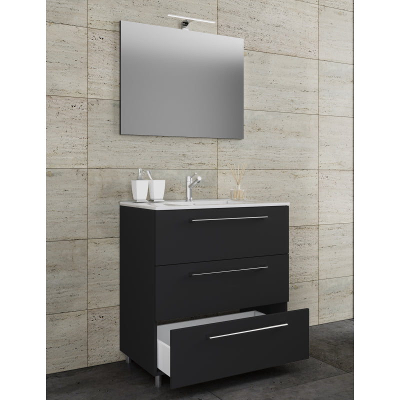 Completo di Ezooza Mobile a terra con 3 cassetti Large con lavabo in ceramica di alta qualità e specchio, Nero ,