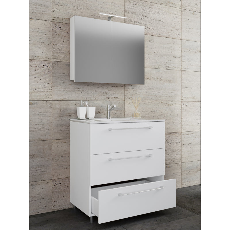 Completo di Ezooza Mobile a terra con 3 cassetti Large con lavabo in ceramica di alta qualità e mobile specchio, Bianco ,