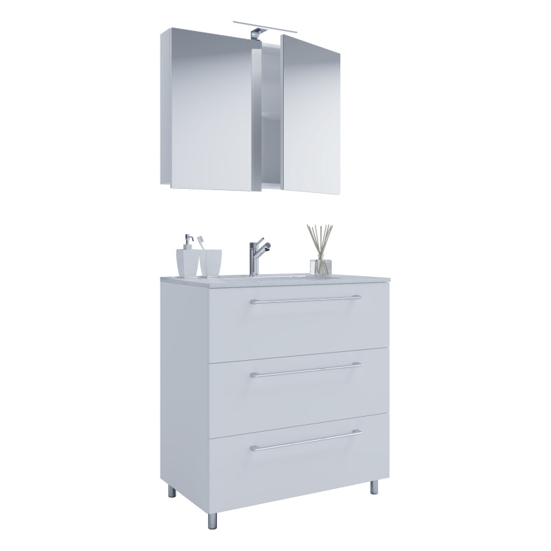 Completo di Ezooza Mobile a terra con 3 cassetti Large con lavabo in ceramica di alta qualità e mobile specchio, Bianco ,