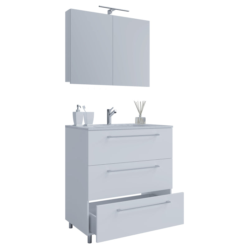 Completo di Ezooza Mobile a terra con 3 cassetti Large con lavabo in ceramica di alta qualità e mobile specchio, Bianco ,