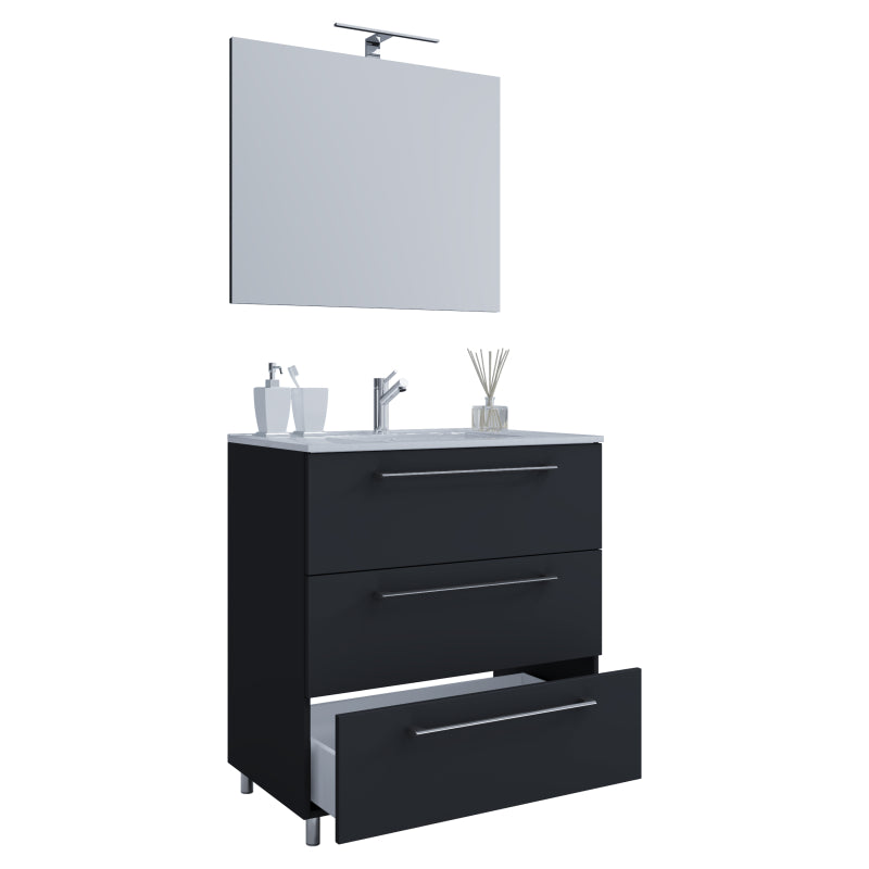 Completo di Ezooza Mobile a terra con 3 cassetti Large con lavabo in ceramica di alta qualità e specchio, Nero ,