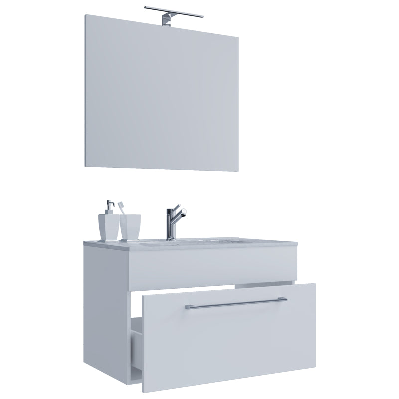 Completo di Ezooza Mobile sospeso con 1 cassetto Extra Large con lavabo in ceramica di alta qualità e specchio, Bianco ,